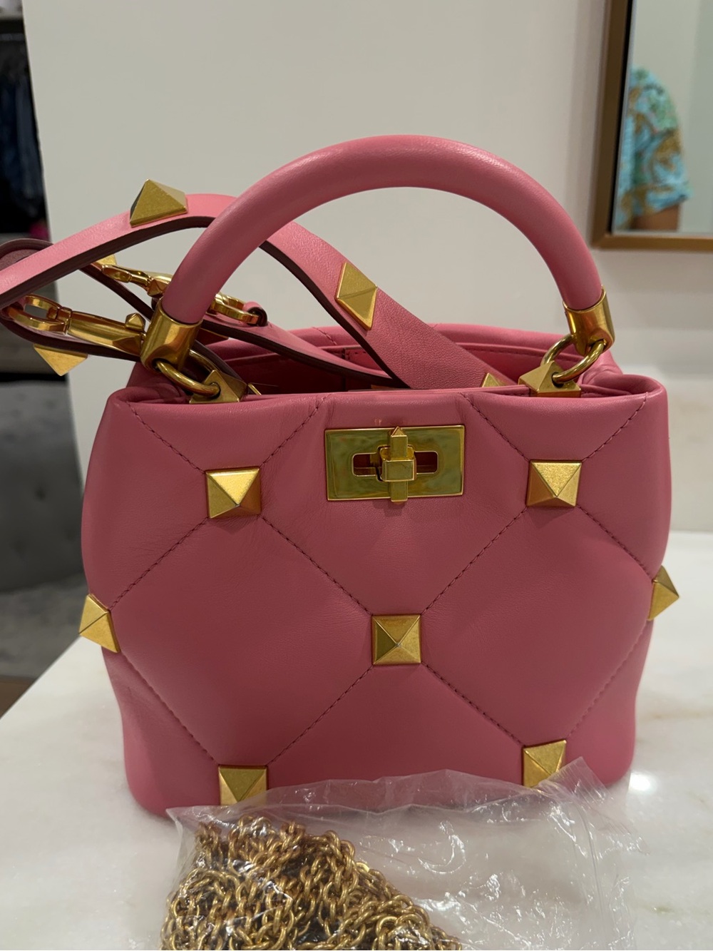 Valentino Pink Quilted Top Handle Bag with Gold Stud Accents